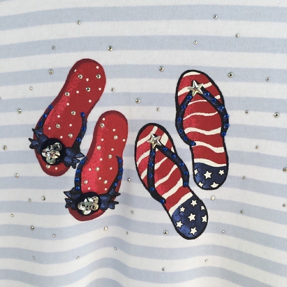 Karen Scott Blue Stripe Sequin Flip Flops Tee P